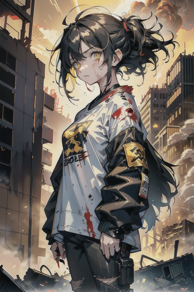 ((1 GIRL)) ((2d anime girl)), ((Japanese)) mature female,18-year-old, ((2d anime girl)), ((short dark-haired)), ((windswept hair)) ((ultra high quality)) ((4k UHD)) ((Best Quality)) ((Daytime)) ((eyes glowing yellow )), wearing a ((black long sleeve shoulderless T-shirt)) sweatshirt with the slogan ((KAIJU)) in RED letters, wearing jeans and black and yellow sneakers with (((blood splattered))) on it and her face, standing in the street ((facing forward)) in a ((ruined city)) filled with ((heavily damaged)) and worn (( tall skyscrapers with gaping holes in their structures while on fire)) and ((crushed vehicles on fire)) and small and ((raging fires all around)) and an expressionless look on her face, with a giant monster kaiju-beast in the distance looking furocious.