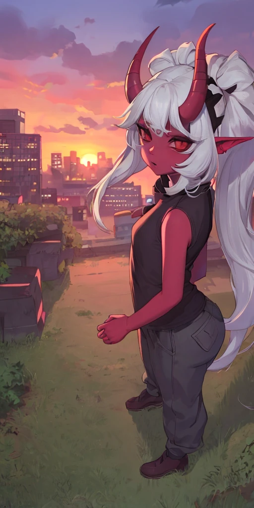 1girl, (oni horns)+, red_skin, oni, demon_tail-, demon_girl, horns, pointy_ears, colored_skin, ogre, demon, black_sclera, horizontal pupils, solo, city, street, outdoors, sunset, full_body, masterpiece, highres+, absurdres, 4K, 8K, 16K, hyper-detailed, deep eyes, stunning, intricate, sharp, smooth, realistic