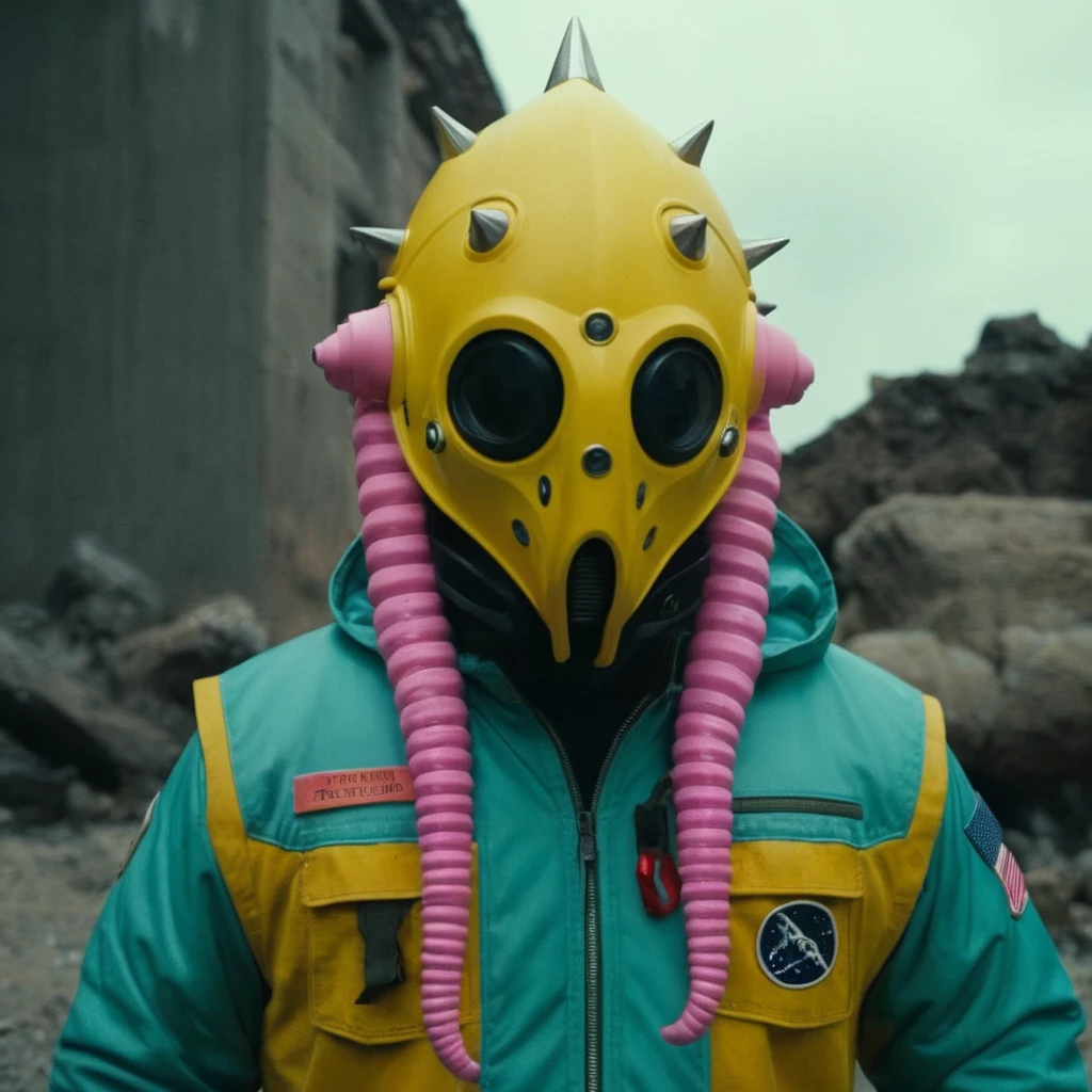 Horror-themed,  In an ancient and mysterious city a person wearing a yellow helmet with pink dark spikes on it carcosa city style, Don Bluth Style ASTRONAUT Cthulhu yellow Toon Doll, full body RAW candid cinema, cyan hair, 16mm, color graded portra 400 film, Eerie, unsettling, dark, spooky, suspenseful, grim, highly detailed, titanium decorative headdress, cinematic, trending on artstation | Isometric | Centered