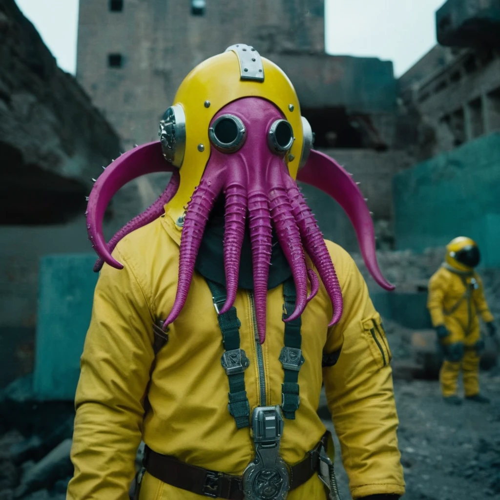 Horror-themed, In an ancient and mysterious city a person wearing a yellow helmet with pink dark spikes on it carcosa city style, Don Bluth Style ASTRONAUT Cthulhu yellow Toon Doll, full body RAW candid cinema, cyan hair, 16mm, color graded portra 400 film, Eerie, unsettling, dark, spooky, suspenseful, grim, highly detailed, titanium decorative headdress, cinematic, trending on artstation | Isometric | Centered