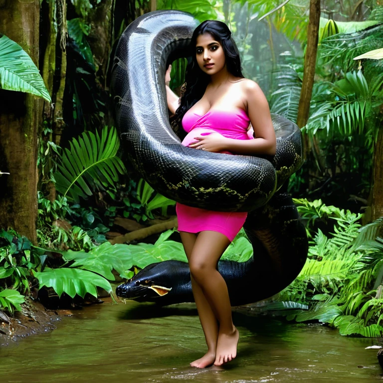 Pregnant pink thong aroused horny beautiful happy young Indian girl vs Giant colossal black anaconda monster wrapped around her body squeezing her in coiled embrace cuddling and kissing sexual erotic bestiality sex realistic in the rainforest full body, best quality wet