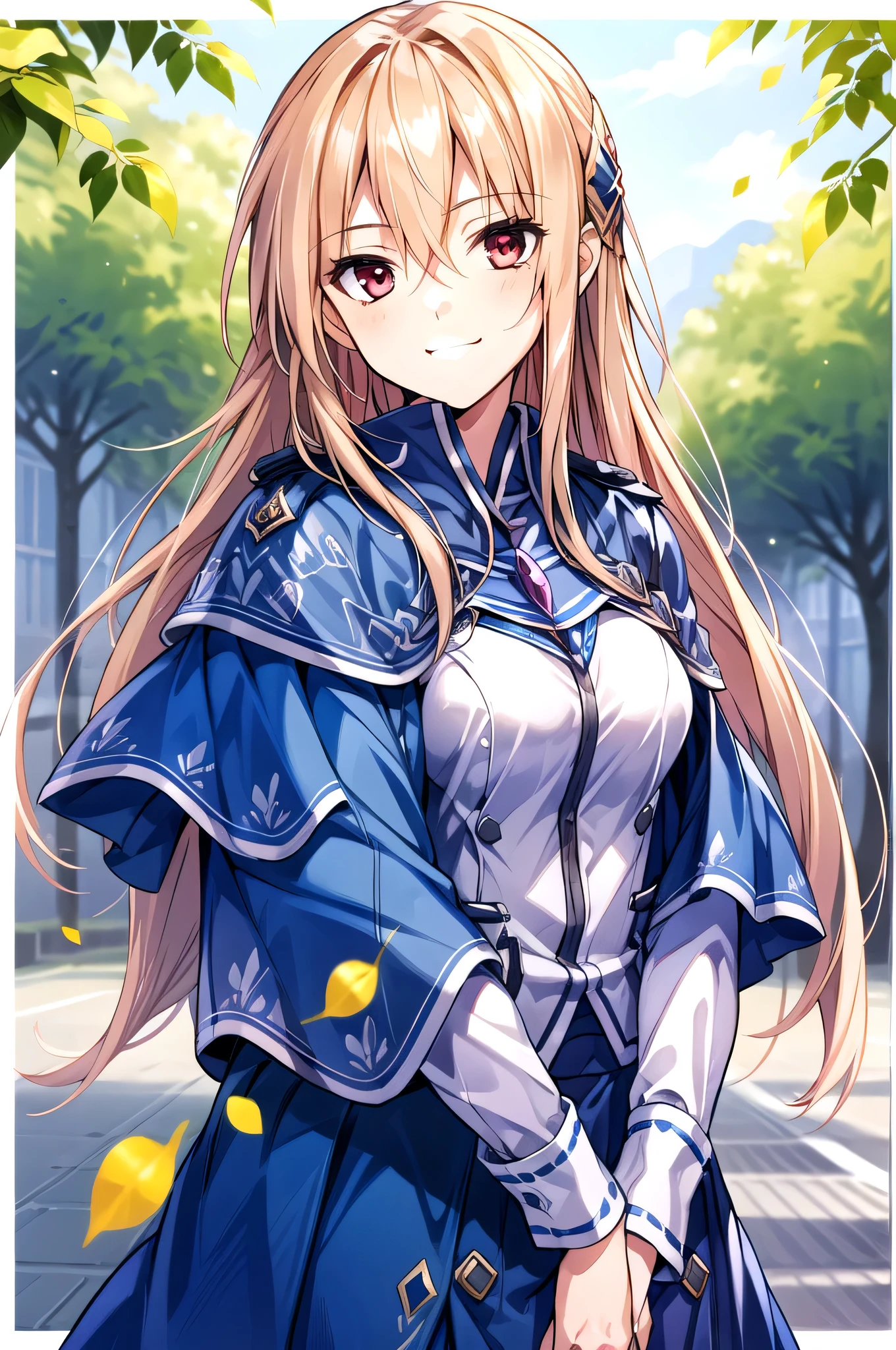 ((masterpiece))、(((Highest quality)))、((Super detailed))、((An illustration))、Attention to detail、Highly detailed CG Unity 8k、High resolution,One girl, hydrangea,Long Hair, alone, Hair between the eyes, smile, Red eyes, Kind eyes,Floating Hair, Blurred background, Blonde, View your viewers, Blurred, Upper Body, very Long Hair, bangs, Shiny hair, leaf, Shiny, Capelet, Blue Cape, Yuina Shirakawa,
