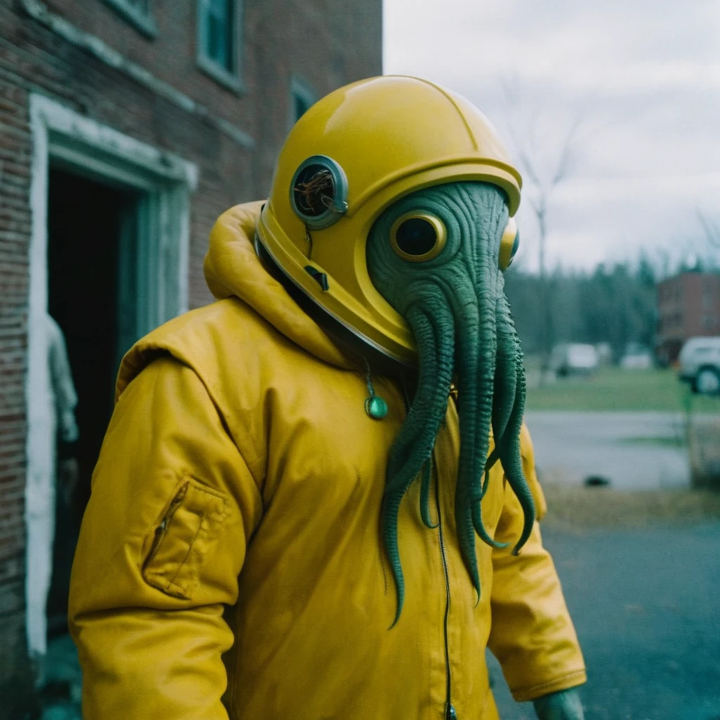 Horror-themed, In an ancient and mysterious city a person wearing a yellow helmet with yellow spikes on it carcosa city style, Don Bluth Style ASTRONAUT Cthulhu yellow Toon Doll, full body RAW candid cinema, cyan hair, 16mm, color graded portra 400 film, Eerie, unsettling, dark, spooky, suspenseful, grim, highly detailed
