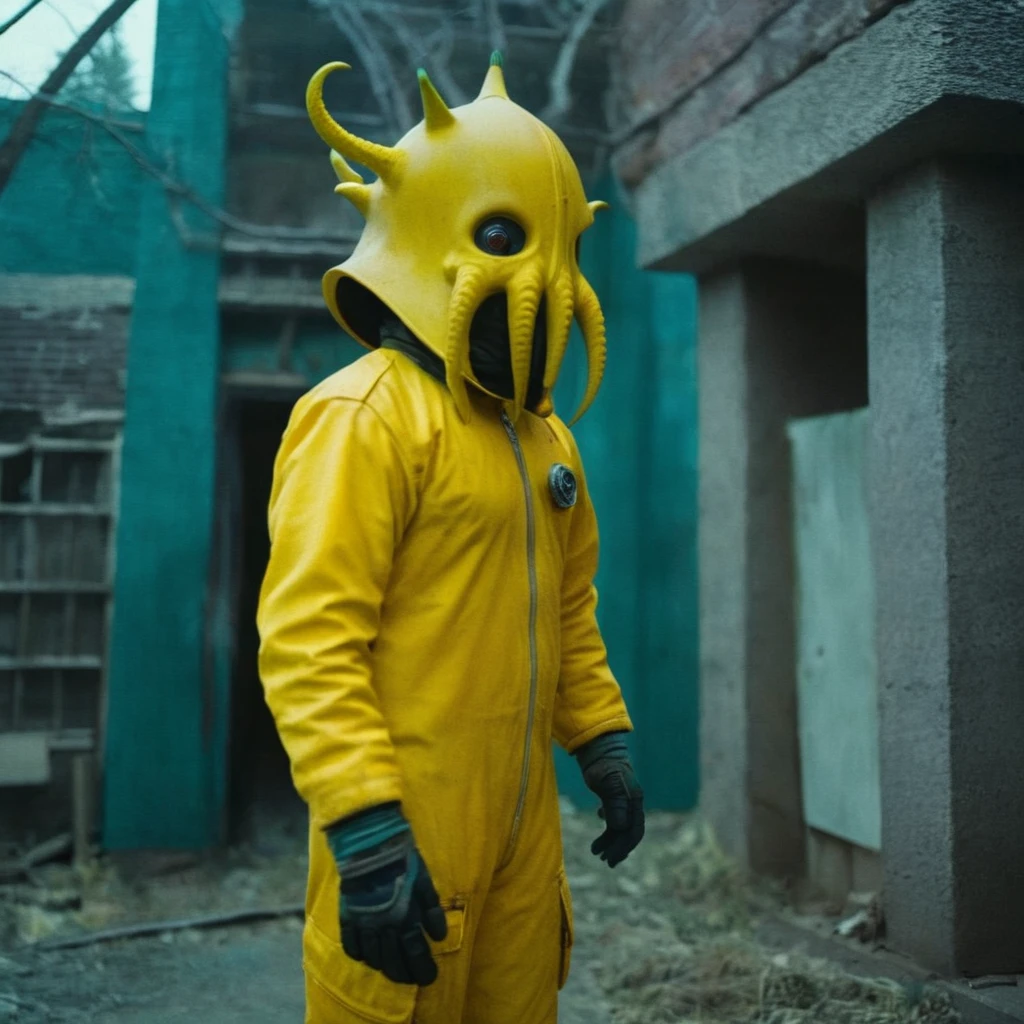 Horror-themed,  In an ancient and mysterious city a person wearing a yellow helmet with yellow spikes on it carcosa city style, Don Bluth Style ASTRONAUT Cthulhu yellow Toon Doll, full body RAW candid cinema, cyan hair, 16mm, color graded portra 400 film, Eerie, unsettling, dark, spooky, suspenseful, grim, highly detailed