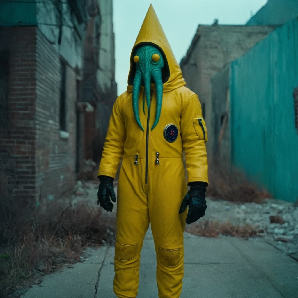 Horror-themed,  In an ancient and mysterious city a person wearing a yellow helmet with yellow spikes on it carcosa city style, Don Bluth Style ASTRONAUT Cthulhu yellow Toon Doll, full body RAW candid cinema, cyan hair, 16mm, color graded portra 400 film, Eerie, unsettling, dark, spooky, suspenseful, grim, highly detailed