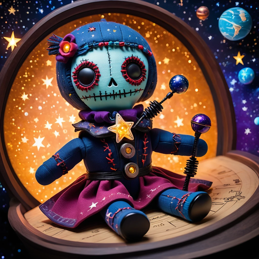 (knitted toy voodoo doll:1.7), (Voodoo in a Mysterious Planetarium:1.3), (Clothing: stargazer's attire with glowing constellation patterns:1.0), (Accessories: enchanted telescope emitting sparks of cosmic magic, levitating spectral star maps:1.1), (background: mystical planetarium with floating celestial projections, glowing star clusters, and spectral astronomers:1.2), best quality, masterpiece, detailed soft oil painting, detailed background, dramatic cinematic lighting, soft edge lighting, professional, dramatic lighting, hard edge lighting, ultra quality, 4k,masterpiece, best quality, 8k, ultra highres, highres, extremely detailed