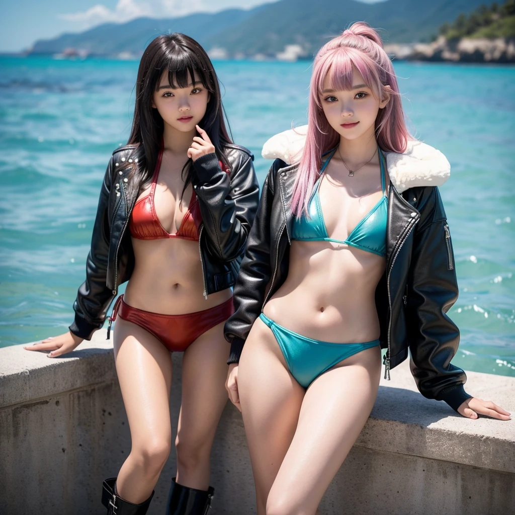 middle girls,smile,Multiple girls,Beautiful girls,Horny girl,Best Quality,Perfect Girl,Super cute girl,Swimwear,bikini,leather jacket,Ocean,fur jacket,Long Hair、She has her bangs down,Multi-colored hair,Ultra HD,Young girl,Sex,Naughty Girls,Blowjob,Full body image,Absurd,Beautiful girls,