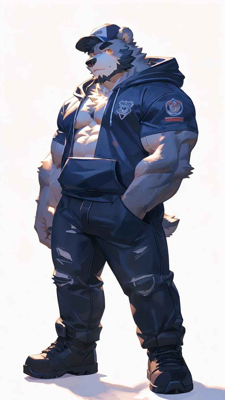 (masterpiece:1.2), best quality,pixiv,official art,perfect anatomy, (Ray tracing, light),solo, (1_male:1.3) , (muscle), (grey fur:1.4), (muscle bear), (beard:1.2), (gleaming golden eyes), bear tail, full body, Thick black eyebrows, baseball cap, (open short hoodie), (naked inside),Ripped short jeans, black short boots, (pure white background: 1.3)