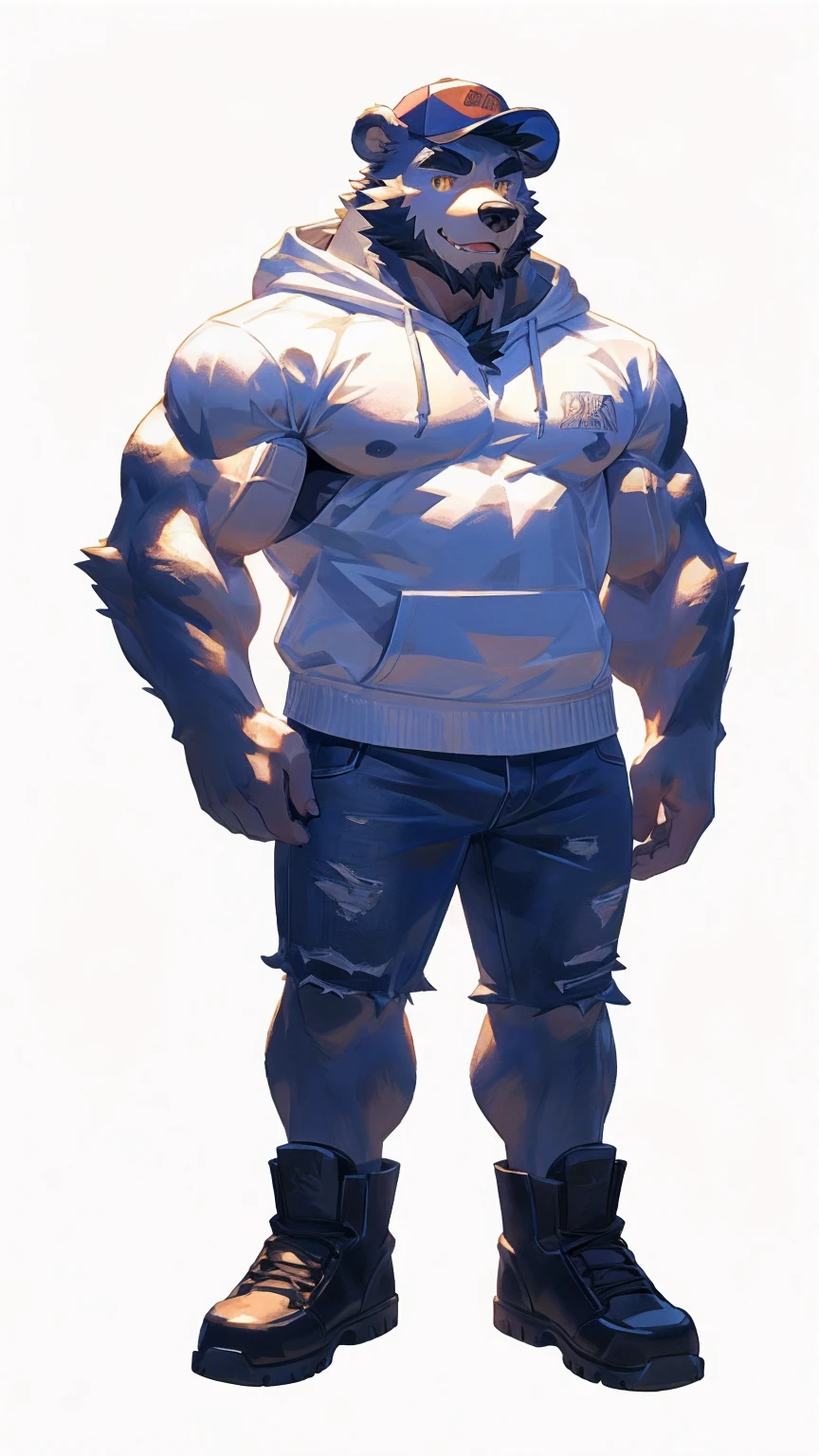 (masterpiece:1.2), best quality,pixiv,official art,perfect anatomy, (Ray tracing, light),solo, (1_male:1.3) , (muscle), (grey fur:1.4), (muscle bear),(abdominal muscles),(beard:1.2), (gleaming golden eyes), bear tail, full body, Thick black eyebrows, baseball cap, (open short hoodie), (naked inside),Ripped short jeans, black short boots, (pure white background: 1.3)