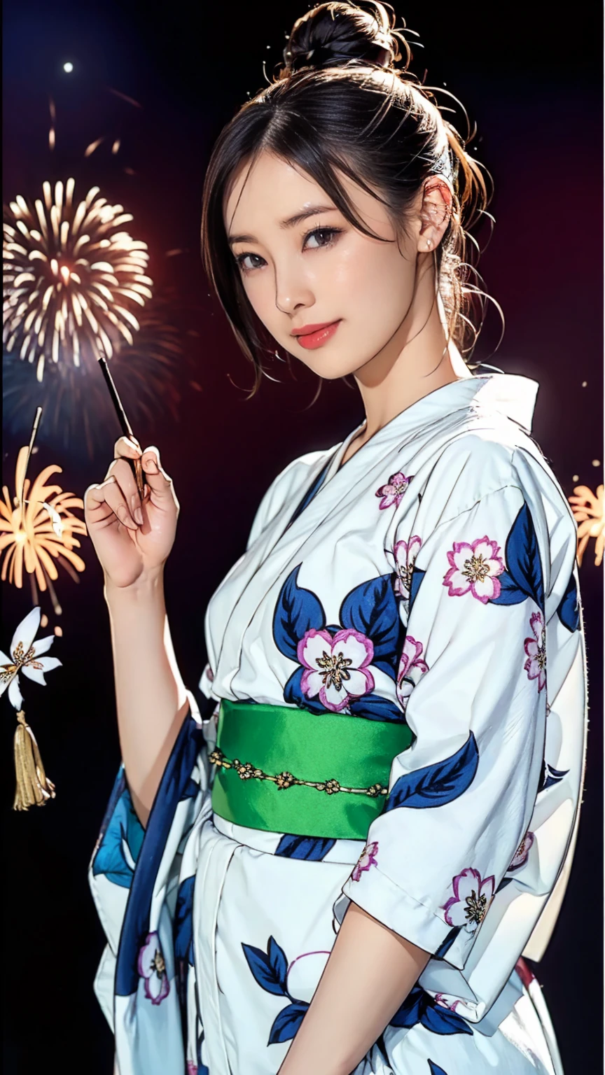 ((masterpiece)),(((Highest quality))),((Character design sheet)),Japanese yukata with flashy plant and floral patterns:1.5，Stylish sandals:1.5，The best smile:1.5，Upper Body Shot:1.5，Night fireworks background:1.5，Flashy makeup with red eyeshadow:1.5，Bun Hair:1.5，