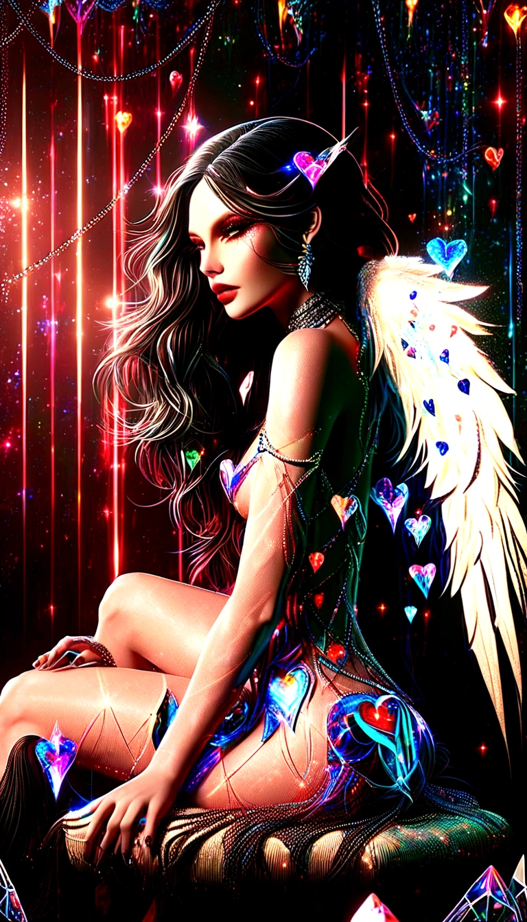 tarot card, Model: long wavy hair, full scarlet dark lips, Smoky eyes, BREAK,, Broken glass, crystals, neon lights, BREAK, Polychromatic geometric patterns,Heart, Arms and legs, BREAK, Accessories: Chrome-plated chains with torn body, Silver Choker, black feathered white black wings, , Topless, naked,BREAK,on chair, looking forward. tmasterpiece, Masterpiece quality
