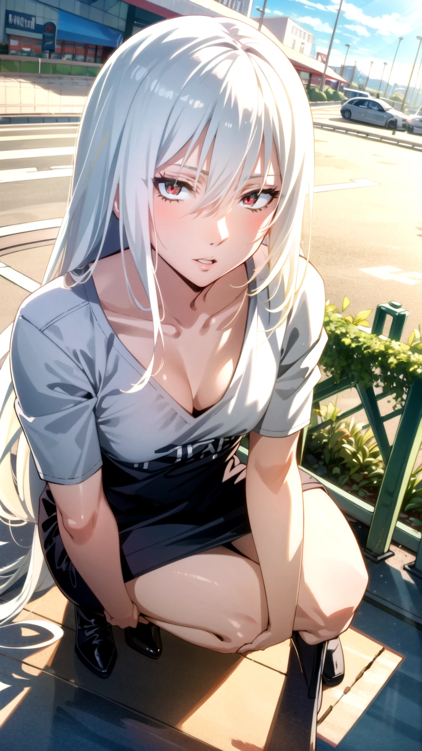 Masterpiece, best quality, very detailed, Ultra high resolution, (photorealistic:1.4), raw photos, (realistic:0.2), 1 girl, alone, long hair,,8k hdr, 1 girl,white hair,red eyes, medium-large breast, bright eyes, , medium-small breasts,Wearing a Man City shirt, Squatting