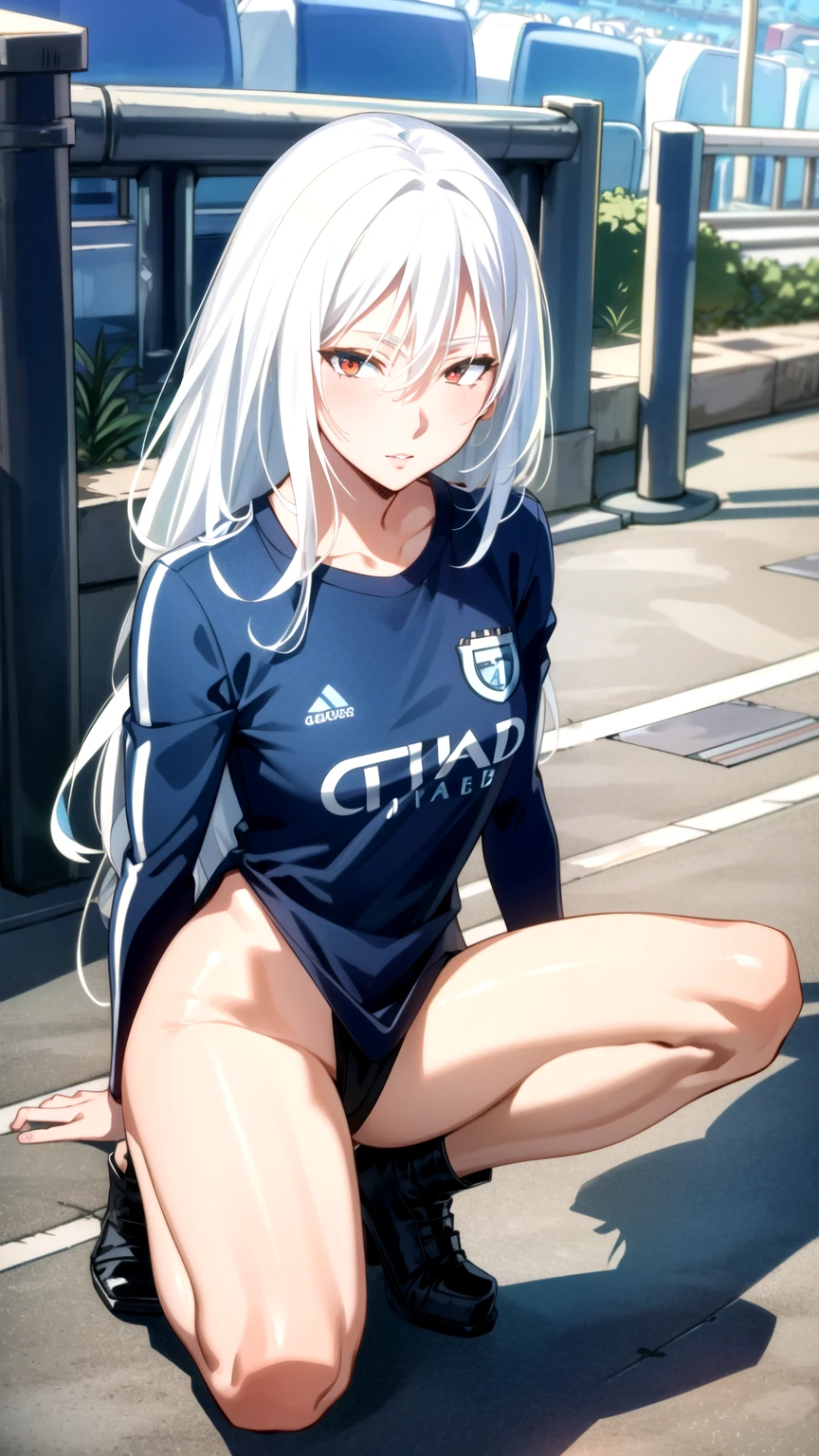 Masterpiece, best quality, very detailed, Ultra high resolution, (photorealistic:1.4), raw photos, (realistic:0.2), 1 girl, alone, long hair,,8k hdr, 1 girl,white hair,red eyes,  medium-large breast, bright eyes, , medium-small breasts,Wearing a Man City shirt, Squatting