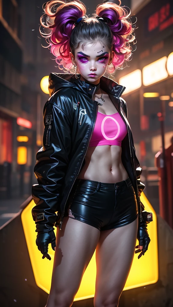 upper body, 1girl, ****, solo, Eye focus,Masterfully crafted Glow, pink lens flare, Cinematic background,colourful, hyper details, hdr, ultra detailed eyes, mature, plump, rainbow painting drops,(supermodel:1.3), indoors, (bioluminescent hair:1.1),(glowing eyes),  ((makeup)), fierce, powerful, splashes of colour absolutely eye-catching, dynamic angle, beautiful detailed glow, ambient occlusion, ambient light, raytraced reflections, retro style, living arcade characters, arcade style world, gloves, jacket,weapon, shorts, black gloves, black jacket, drill hair, black shorts, eye wear on head, bubble blowing, chewing gum, (Cute face:1.3),