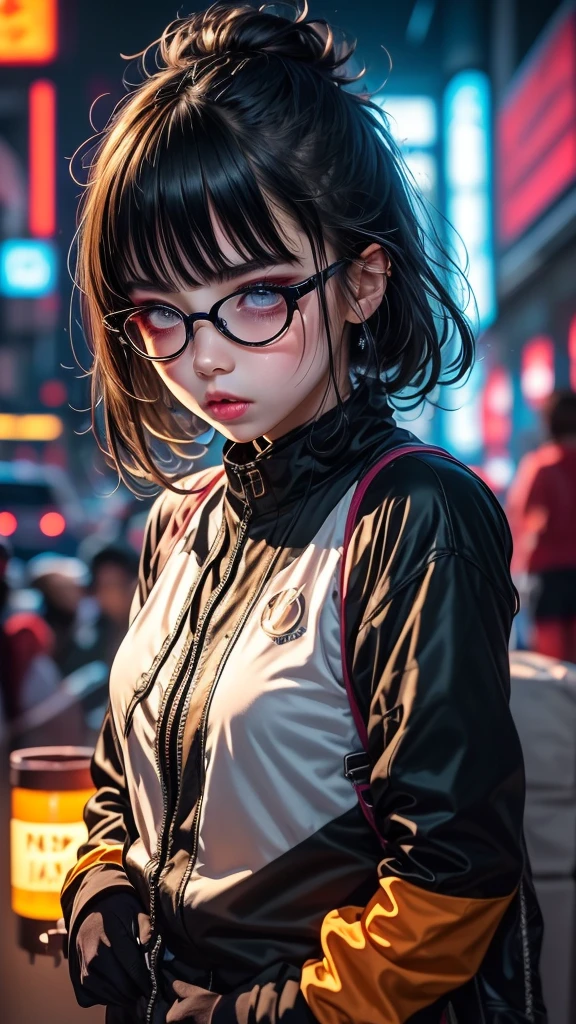 upper body, 1girl, loli, solo, Eye focus,Masterfully crafted Glow, pink lens flare, Cinematic background,colourful, hyper details, hdr, ultra detailed eyes, mature, plump, rainbow painting drops,(supermodel:1.3), indoors, (bioluminescent hair:1.1),(glowing eyes), ((makeup)), fierce, powerful, splashes of colour absolutely eye-catching, dynamic angle, beautiful detailed glow, ambient occlusion, ambient light, raytraced reflections, retro style, living arcade characters, arcade style world, gloves, jacket,weapon, shorts, black gloves, black jacket, drill hair, black shorts, eye wear on head, bubble blowing, chewing gum, (Cute face:1.3),