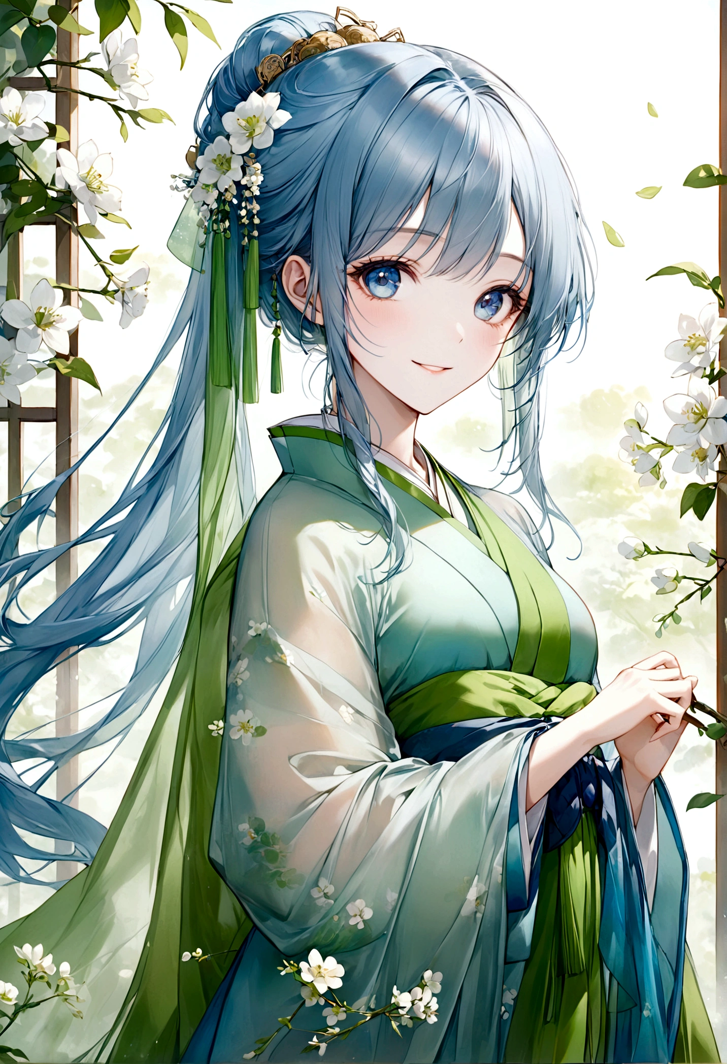 ((top-quality)), ((​masterpiece)), ((ultra-detailliert)), (extremely delicate and beautiful), beautiful woman, bright light blue hair, long hair, sapphire blue eyes, traditional chinese hairstyle, wearing beautiful hanfu dress, sheer green hanfu, flowy shawl, shawl is sheer spring green, sweet smile, relaxed expression, fair complexion, delicate white flowers background