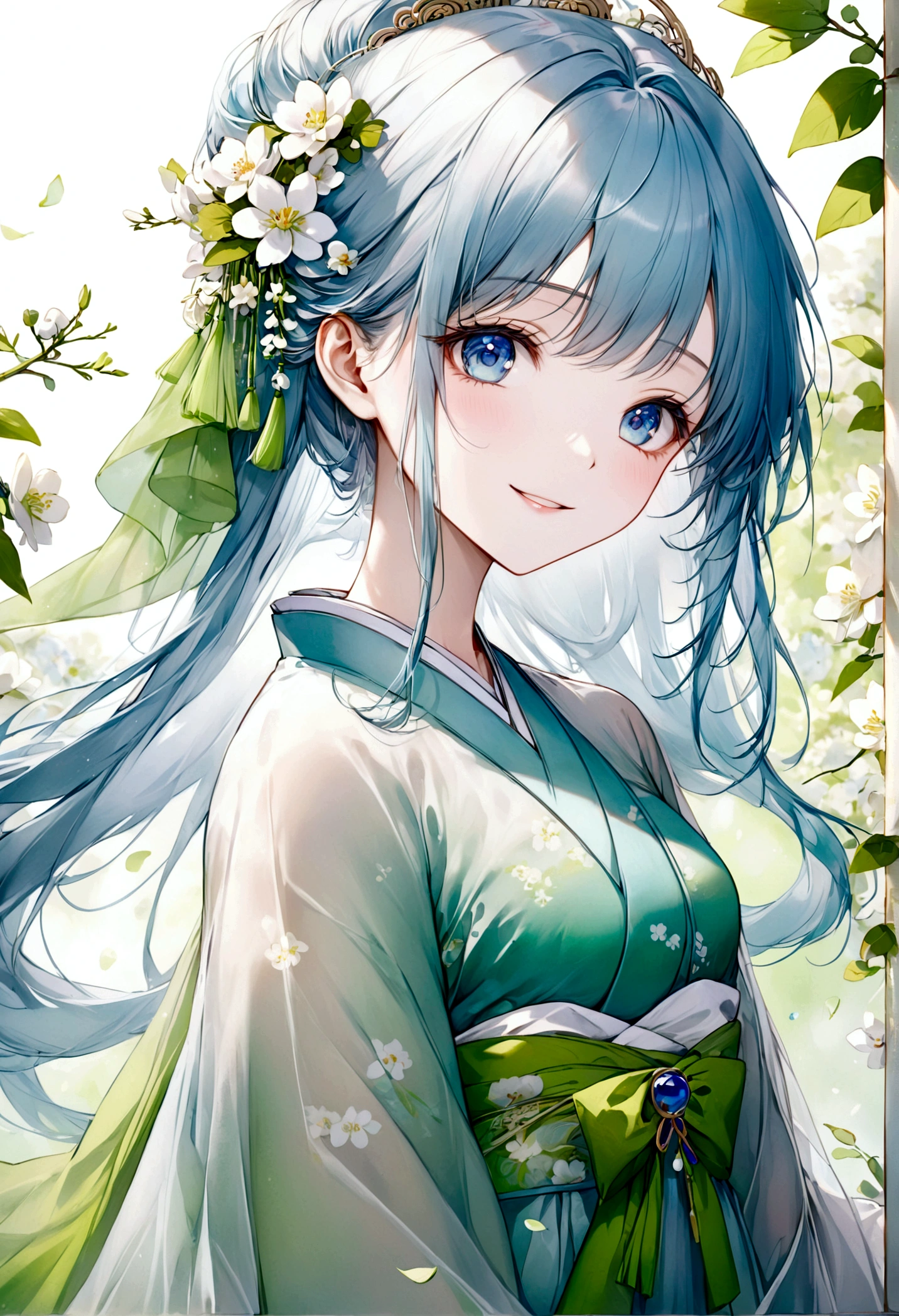 ((top-quality)), ((​masterpiece)), ((ultra-detailliert)), (extremely delicate and beautiful), beautiful woman, bright light blue hair, long hair, sapphire blue eyes, traditional chinese hairstyle, wearing beautiful hanfu dress, sheer green hanfu, flowy shawl, shawl is sheer spring green, sweet smile, relaxed expression, fair complexion, delicate white flowers background