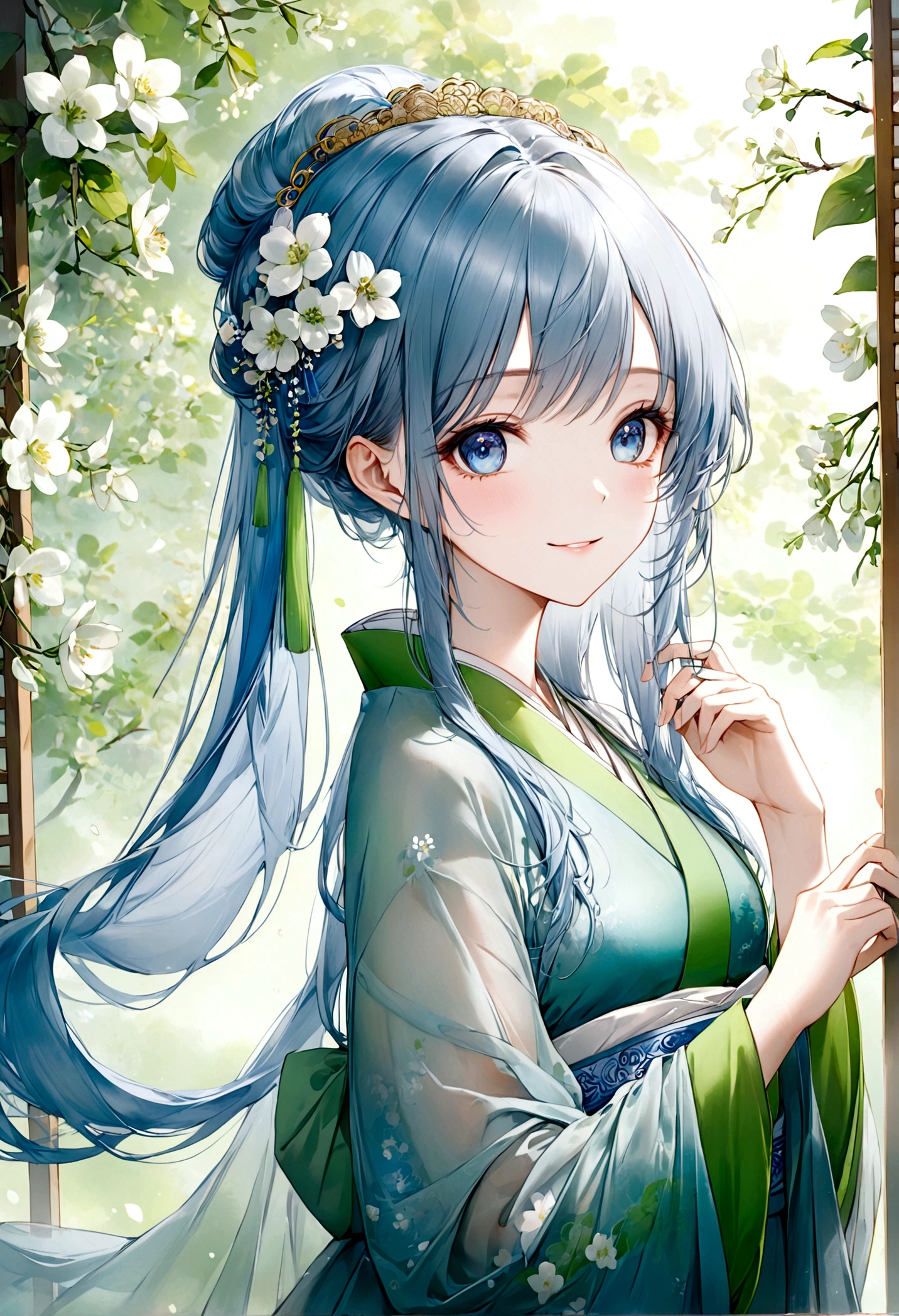 ((top-quality)), ((​masterpiece)), ((ultra-detailliert)), (extremely delicate and beautiful), beautiful woman, bright light blue hair, long hair, sapphire blue eyes, traditional chinese hairstyle, wearing beautiful hanfu dress, sheer green hanfu, flowy shawl, shawl is sheer spring green, sweet smile, relaxed expression, fair complexion, delicate white flowers background