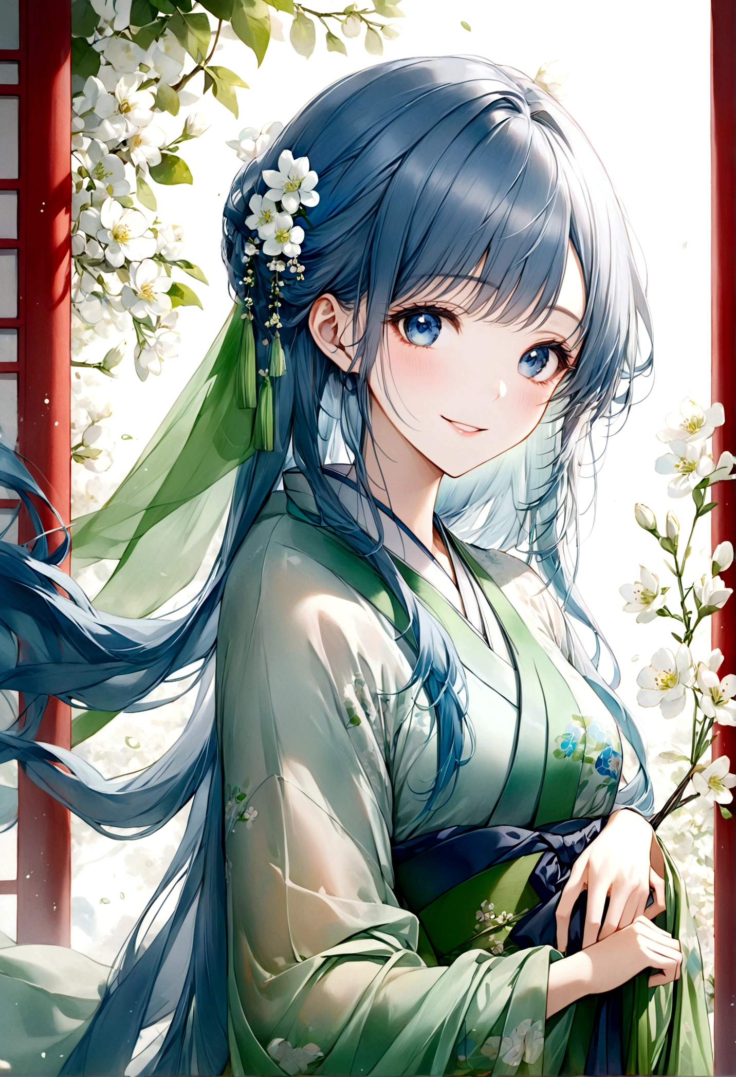 ((top-quality)), ((masterpiece)), ((ultra-detailliert)), (extremely delicate and beautiful), beautiful woman, bright light blue hair, long hair, sapphire blue eyes, traditional chinese hairstyle, wearing beautiful hanfu dress, sheer green hanfu, flowy shawl, shawl is sheer spring green, sweet smile, relaxed expression, fair complexion, delicate white flowers background