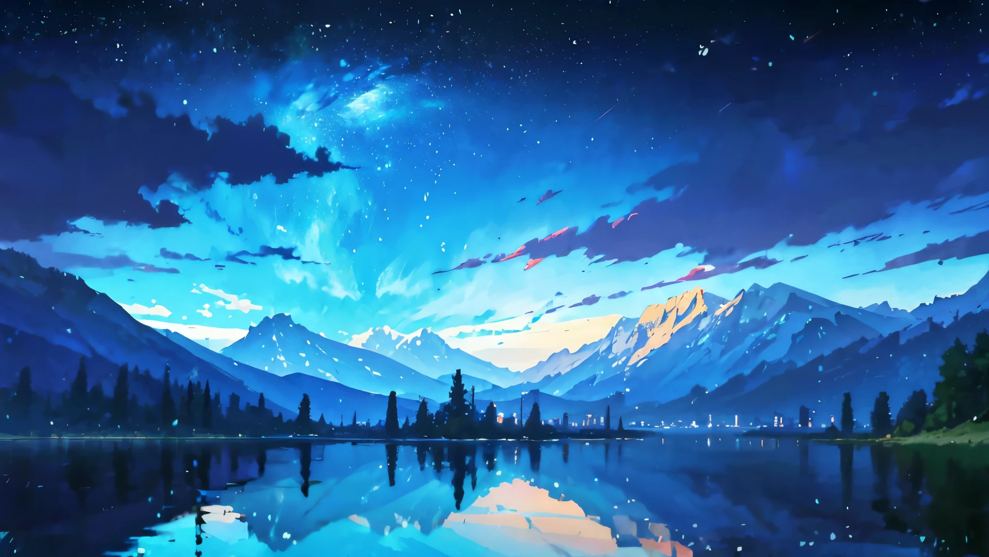 Towering mountains reflected in the still waters of a clear lake々々I drew、Anime style tranquil landscape. by Makoto Shinkai, anime art wallpaper 4k, anime art wallpaper 4k, Anime Art Wallpapers 8K, anime wallpaper 4k, anime wallpaper 4k, 4k anime wallpaper, Anime Sky, Awesome Wallpapers, Anime Background, Celestial planets in the background, Anime Background art