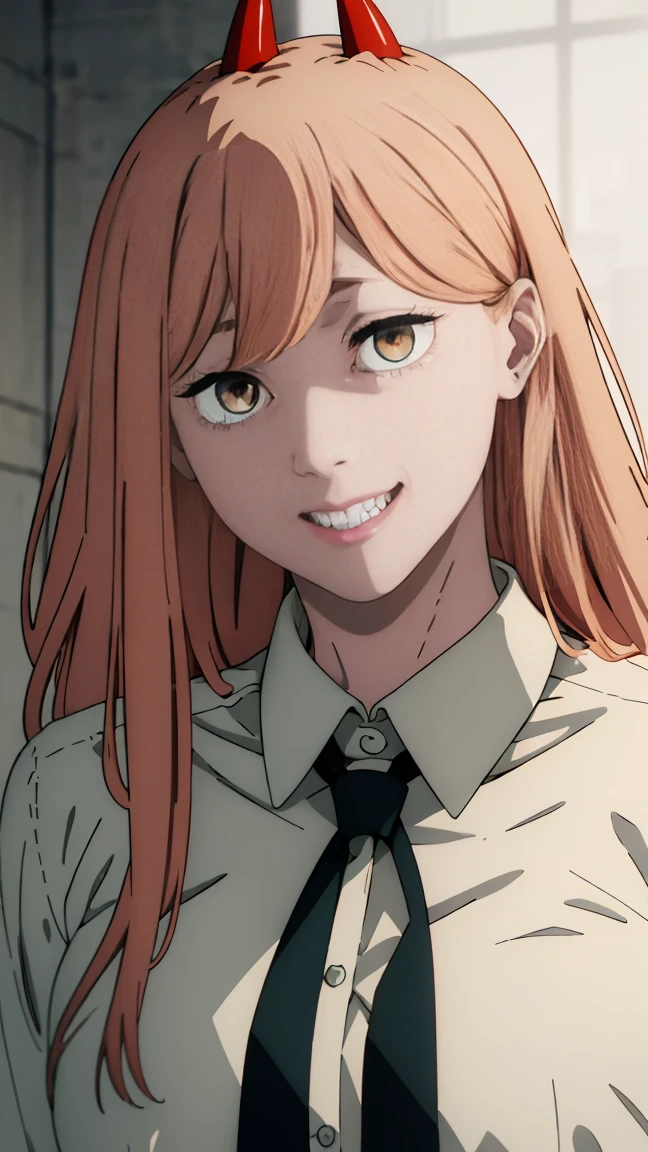 (Best quality), (masterpiece), (only), 1 girl, Maybe_XM, peach hair, full length (full body 1.1), yellow eyes, cross-shaped pupils, pupils in the form of symbols, red horns, white button up shirt, black tie, sharp teeth, smile, long hair, whole body