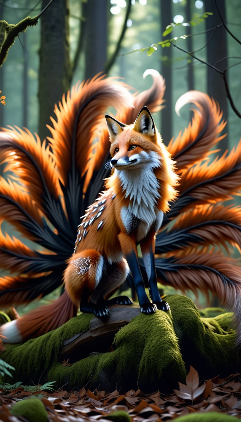 Panorama，A wild beast in the forest，Looks like a fox with nine tails on its back，Mysterious Creatures, shrike, (best quality，4K，8K，High level，masterpiece：1.2），Ultra Detailed，（lifelike，Photo real，Photo real：1.37），Highly detailed animals，Complex patterns，Realistic lighting，Fantasy Creatures