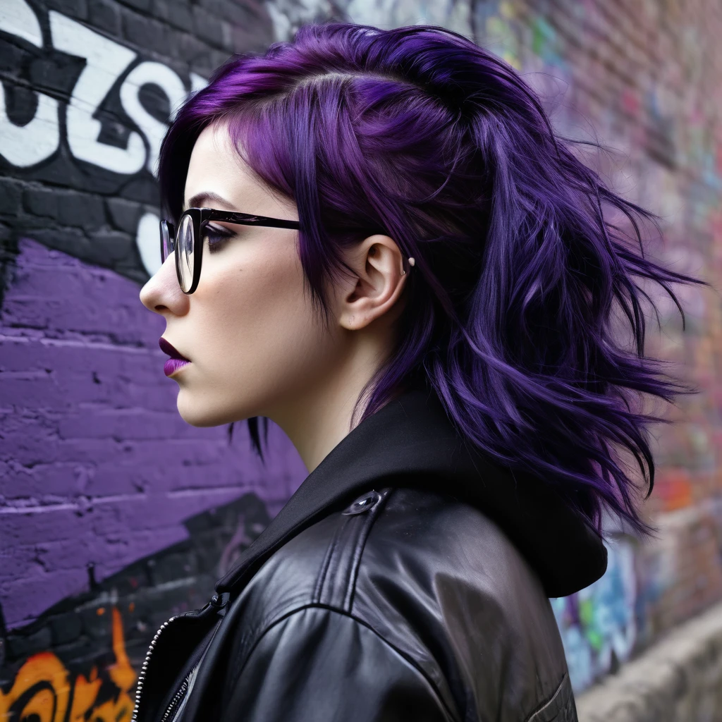 there is a woman with glasses and a black jacket on, a character portrait inspired by Cindy Sherman, deviantart, Graffiti, Dark purple hair and cybernetics, grungy woman, Emo art student, with glasses, Purple hair portrait of woman, Profile shot, purple and black, look from the side, Shot from the side, Irish horrors, dark and dirty