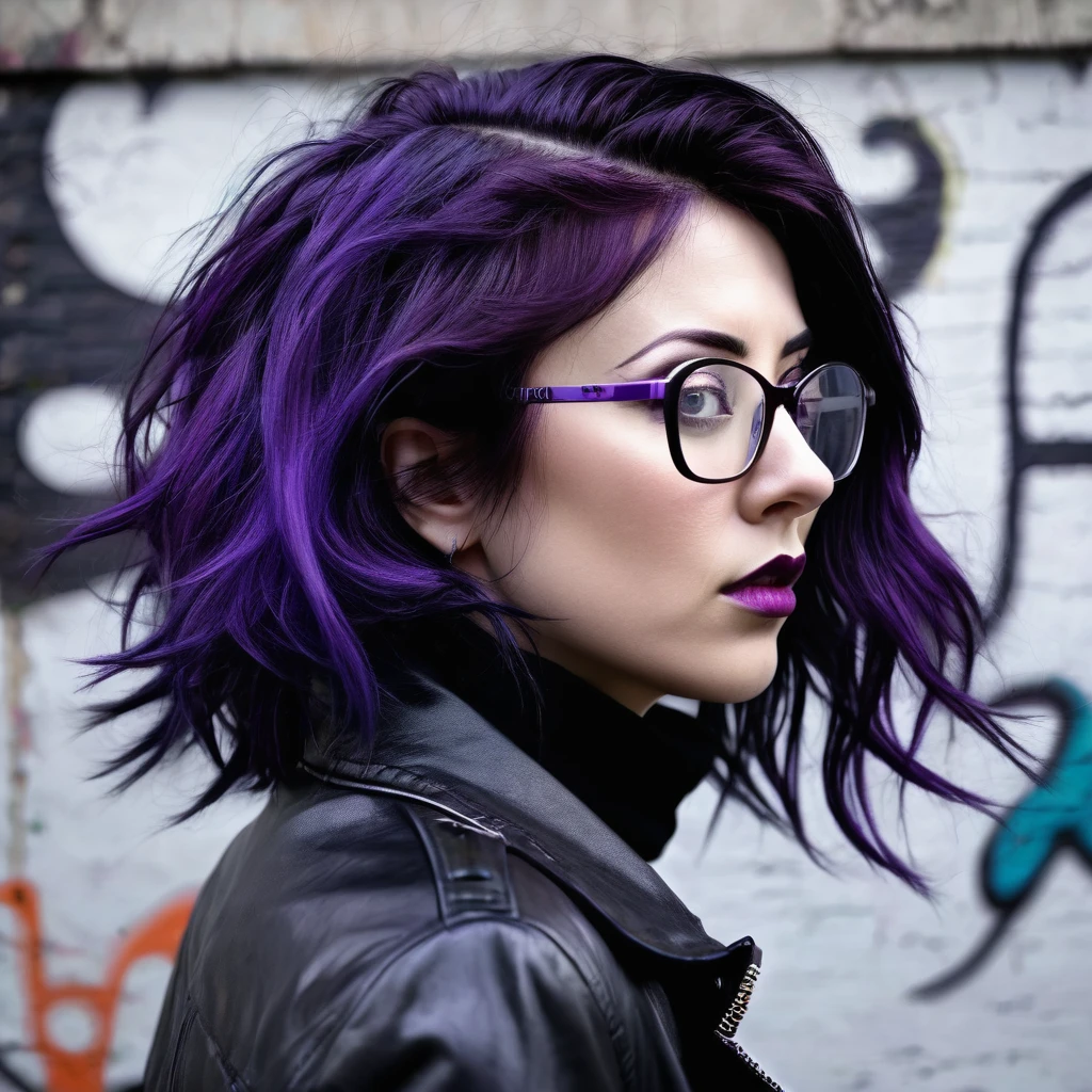 there is a woman with glasses and a black jacket on, a character portrait inspired by Cindy Sherman, deviantart, Graffiti, Dark purple hair and cybernetics, grungy woman, Emo art student, with glasses, Purple hair portrait of woman, Profile shot, purple and black, look from the side, Shot from the side, Irish horrors, dark and dirty