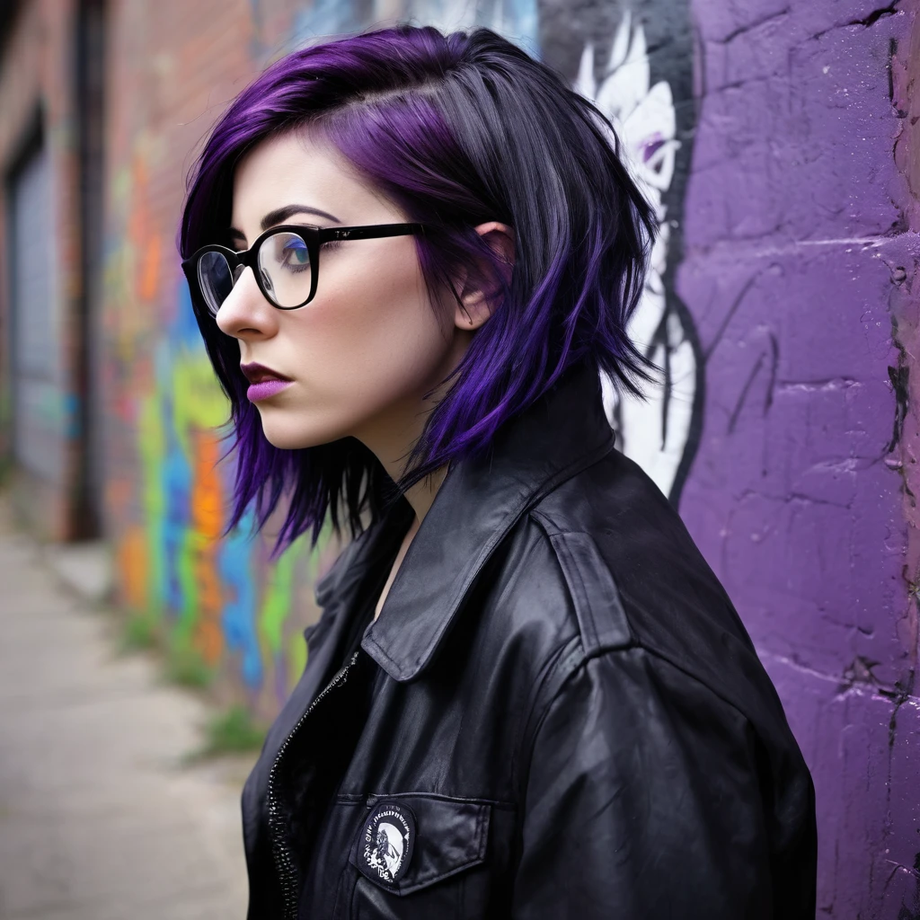 there is a woman with glasses and a black jacket on, a character portrait inspired by Cindy Sherman, deviantart, Graffiti, Dark purple hair and cybernetics, grungy woman, Emo art student, with glasses, Purple hair portrait of woman, Profile shot, purple and black, look from the side, Shot from the side, Irish horrors, dark and dirty