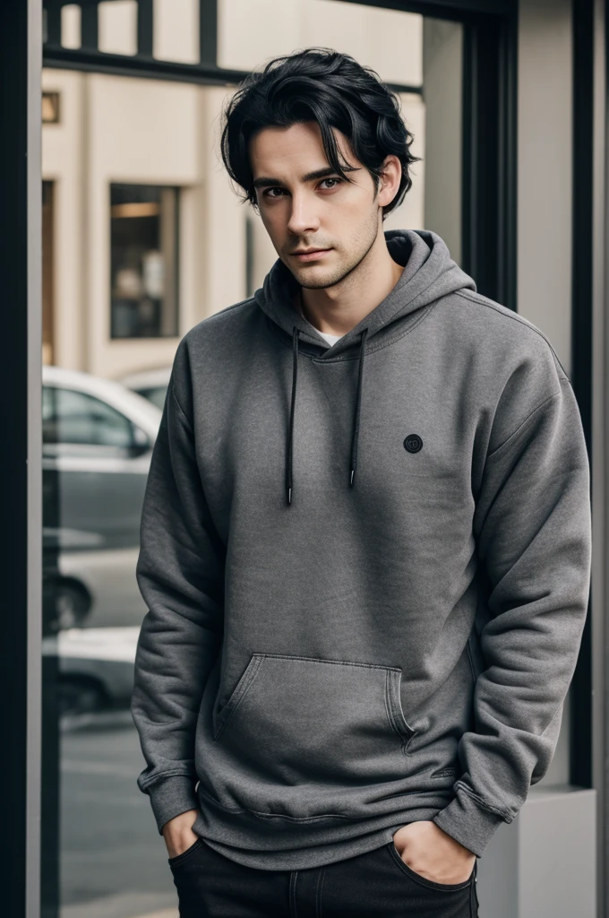 28 year old man, black hair very messy in front of his face, light hazel eyes, black circles, tired look and pale skin, He has a dark gray sweatshirt and black jeans on.