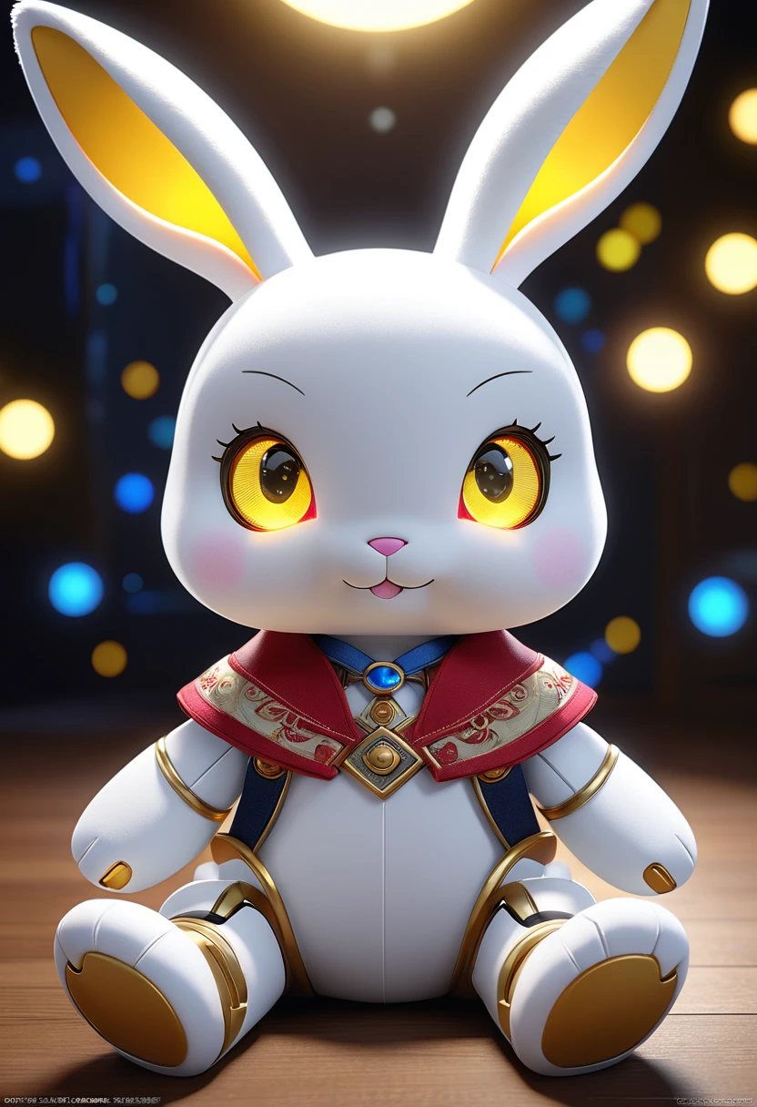 A white rabbit with yellow eyes is sitting, stuffed toy, Cute anthropomorphic rabbit, Cute Anime, Cute Toys, stuffed toy photography, ウサギrobot, stuffed toy, Soft Anime, stuffed toy, stuffed toy, Cute and detailed digital art, With glowing eyes, Cute digital art,robot,Plastic Models,Glossy CG ,Unity ,8k wallpaper, wonderful, In detail, masterpiece,Highest quality,Official Art, 非常に詳細な CG Unity 8k wallpaper,３d,family,crystal,Multicolored light,