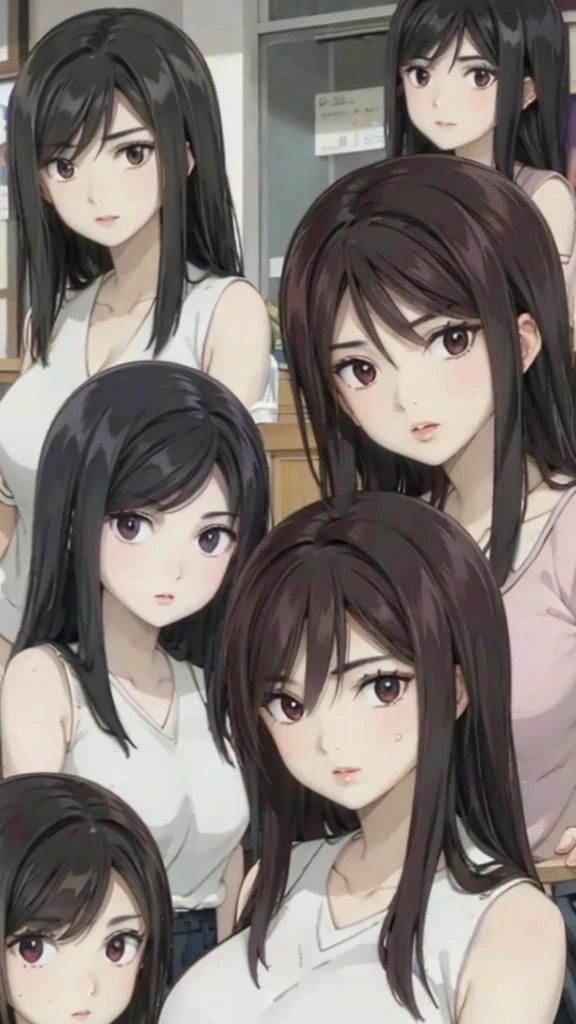 Mommy with 4 daughters,black hair, long hair, messy hair, hair between eyes, chubby cheek,Sexy lips, pucker lips