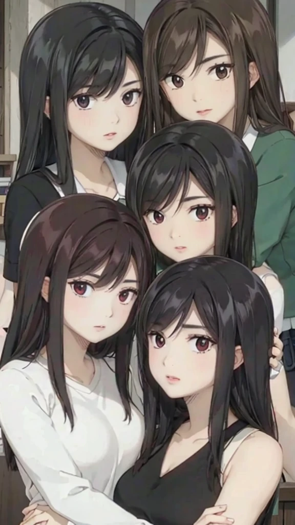 Mommy with 4 daughters,black hair, long hair, messy hair, hair between eyes, chubby cheek,Sexy lips, pucker lips