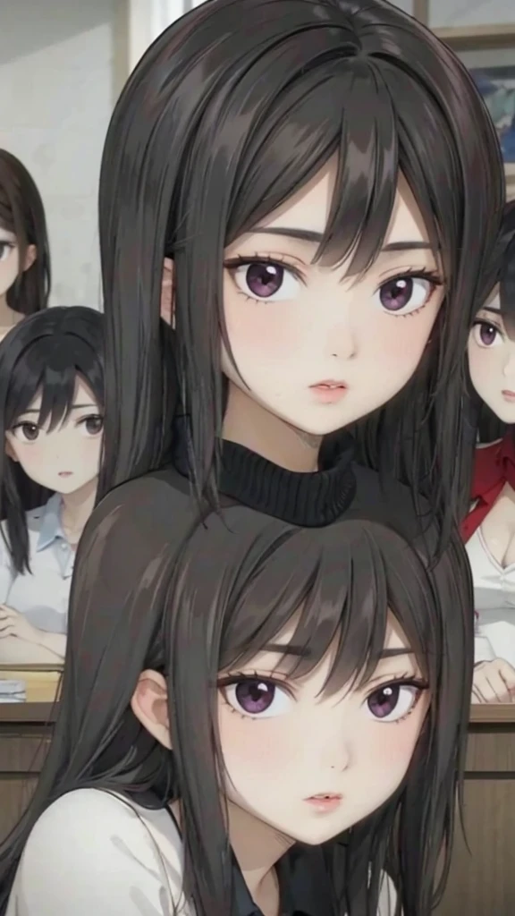 Mommy with 4 daughters,black hair, long hair, messy hair, hair between eyes, chubby cheek,Sexy lips, pucker lips