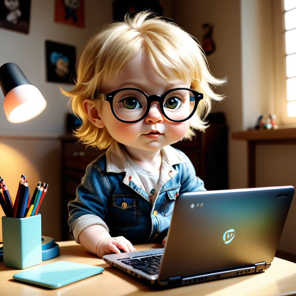 (style de film photo), gros plan, portant des lunettes de soleil regardant un ordinateur portable, animation scene, anthropomorphe, cute little baby blond hair, , dans sa chambre, étudier, 2D, coloré, Ambiance chaleureuse, brillant, Jean-Baptiste Monge style, À la manière d'Alan Lee