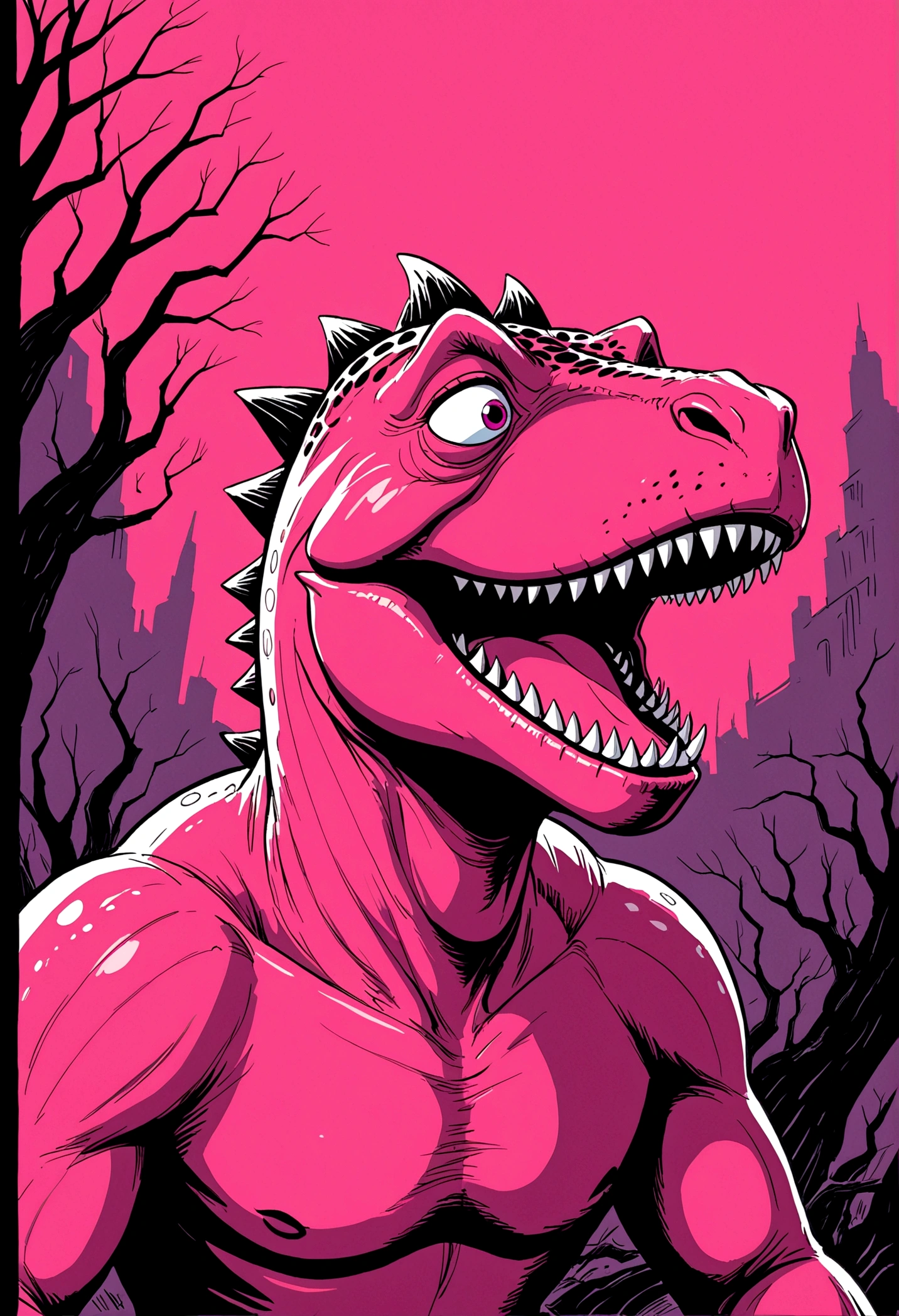 Pink dinosaur, shades of pink, light to dark pink spectrum (pink panPink dinosaur, shades of pink, light to dark pink spectrum (pink panther homage) hand drawn 1960s animated, cinematic action shot, silly, campy film hyperrealism hand drawn rotoscope, dark digital art style subtle american animation influence (sean gordon murphy, joelle jones) minimalism, abstract flourishes, wearing intense ultra violet technicolor roygbiv light across face, rich color grading. candid pencil ink comic splash page, expressive hand drawn, prano bailey-bond lighting, unsettling. surreal, flat, illustration, splash page
ther homage) hand drawn 1960s animated, cinematic action shot, silly