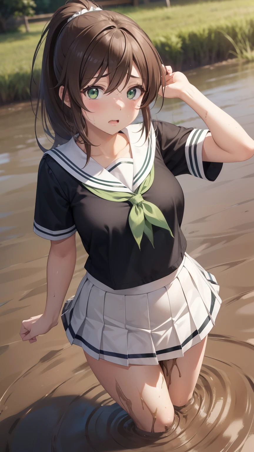 nozomitoujou, nozomi toujou, green eyes, brown hair, ponytail, medium breasts, masterpiece, best quality, high resolution, beautiful detailed eyes, extremely detailed face, good lighting, detailed CG, messy hair, glossy lips, upset, scared, (sinking in mud), garden, from above, (skirt spread on ground), (sinking to her hips), (partially submerged), standing, school shirt, pleated miniskirt