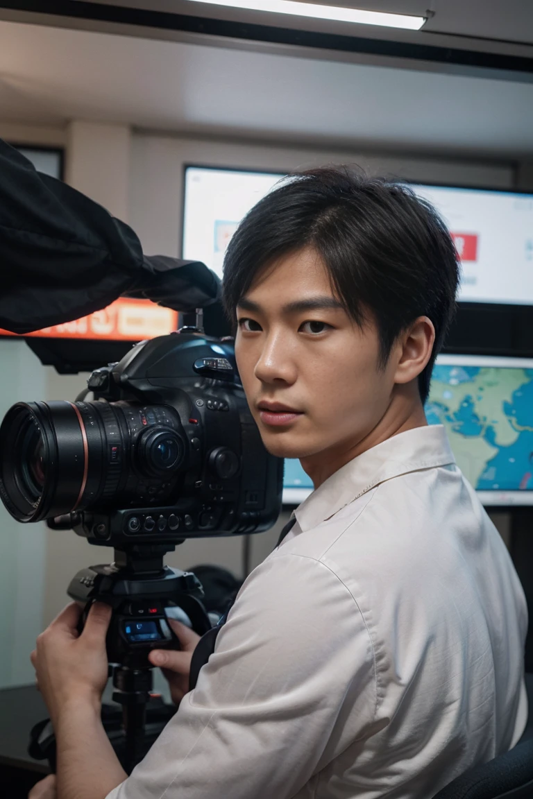 Realistic photography, 8k , handsome young chinese man, TV news studio

