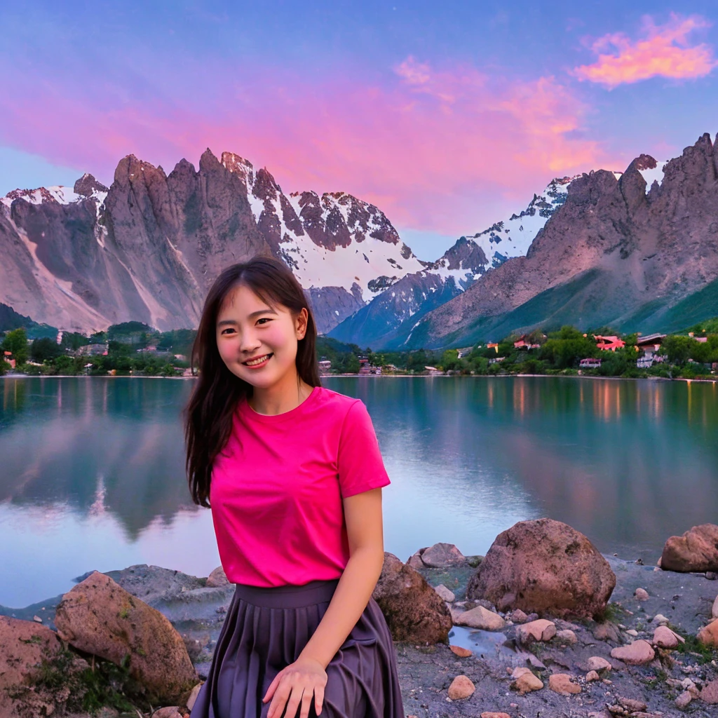 medium shoot, a girl in a red t-shirt, long skirt, smiling broadly with a shy expression, stars twinkling in the sky. Big pink moon behind the mountains. The calm lake reflects the night. realistic scenes, details, Photorealism, 16k