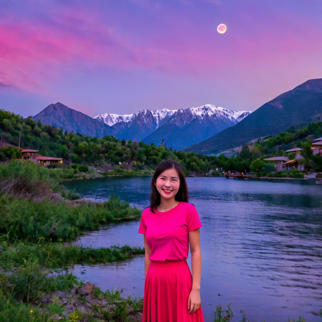 medium shoot, a girl in a red t-shirt, long skirt, smiling broadly with a shy expression, stars twinkling in the sky. Big pink moon behind the mountains. The calm lake reflects the night. realistic scenes, details, Photorealism, 16k
