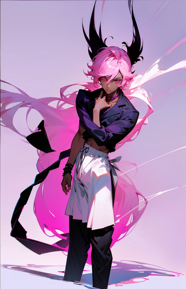 Effeminate boy with big pink hair, with pink eyes, high resolution, completely dark skin as if it were a shadow