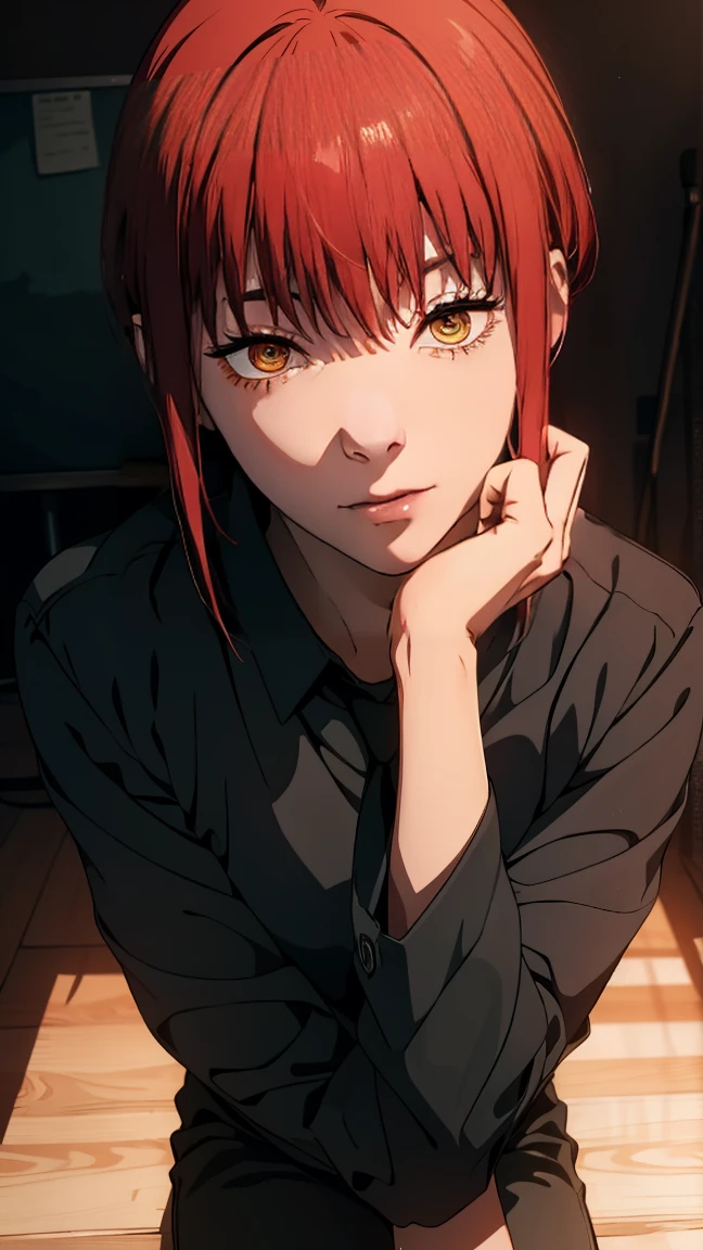 The character Makima from the anime series Chainsaw Man, fragile, full length (Full body 1.1.), dark background, darkness, Correct ??????? 1.1, holds his hands behind his back, correct hand anatomyVery sexy, erotica, very feminine, beautiful figure, legs, buttocks, Beautiful body, red hair, orange eyes, Red circles for schoolchildren, summer dress, sexy pose, realistic, very detailed, Beautiful body, detailed body, detailed hands, detailed, Vibrating, detailed Face, Makima character design. very detailed, detailed body, detailed hands, detailed Face, anime art, Hugh Details, Very downcast face, detailed eyes, Super thin illustration, best shadow, Fine detail, beautiful detailed glow, beautiful detailed, Extraordinarily beautiful, extremely detailed, inexpressive, epic composition, Anime style. anime art anime art, Anime style,