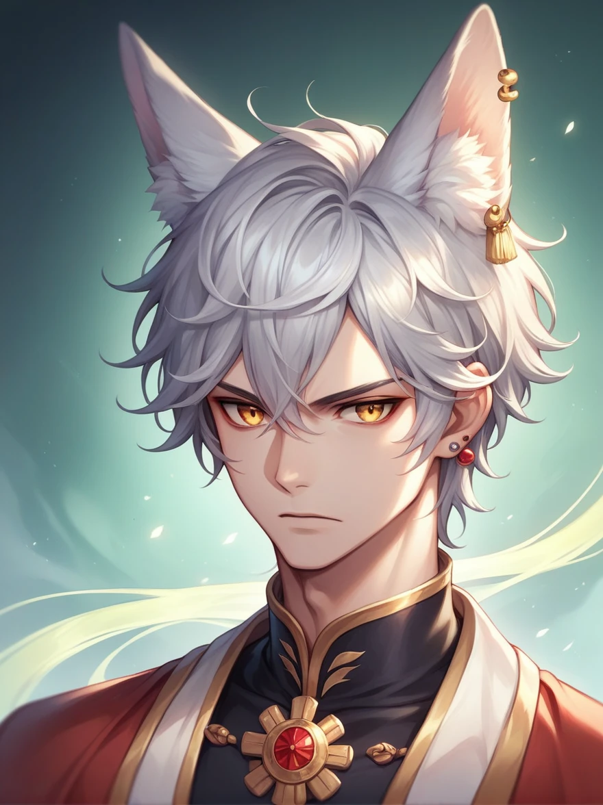 ((Best quality)), ((masterpiece)), (detailed), ((perfect face))、miyabi,a man, Long, flowing silver hair with delicate strands.
Sharp, piercing golden eyes. Fox ears on top of his head.
Serious and slightly mysterious.Pale and smooth.
Wears a robe that is slightly open at the chest, revealing part of his well-defined upper body.
The character exudes a sense of elegance and strength, with a calm and enigmatic aura. The lighting emphasizes his facial features and hair texture, creating a soft, almost ethereal glow.