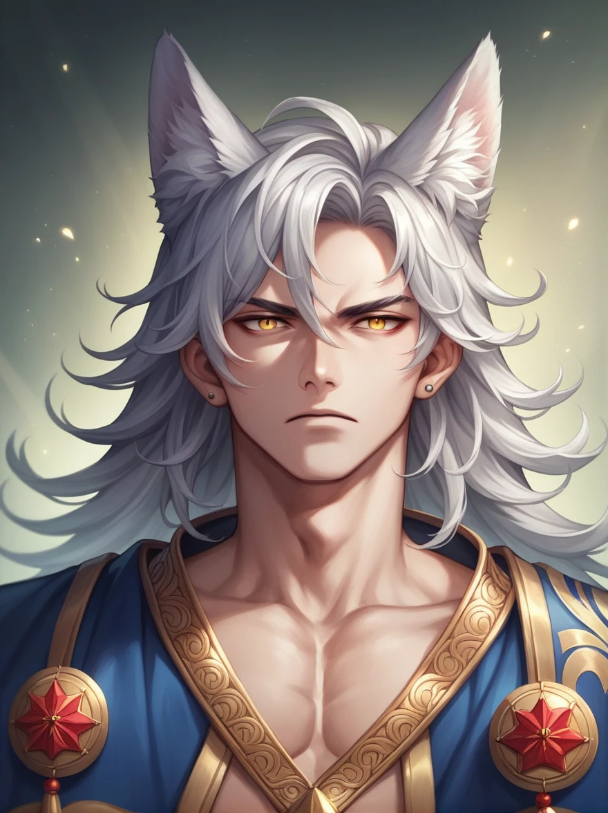 ((Best quality)), ((masterpiece)), (detailed), ((perfect face))、miyabi,a man, Long, flowing silver hair with delicate strands.
Sharp, piercing golden eyes. Fox ears on top of his head.
Serious and slightly mysterious.Pale and smooth.
Wears a robe that is slightly open at the chest, revealing part of his well-defined upper body.
The character exudes a sense of elegance and strength, with a calm and enigmatic aura. The lighting emphasizes his facial features and hair texture, creating a soft, almost ethereal glow.