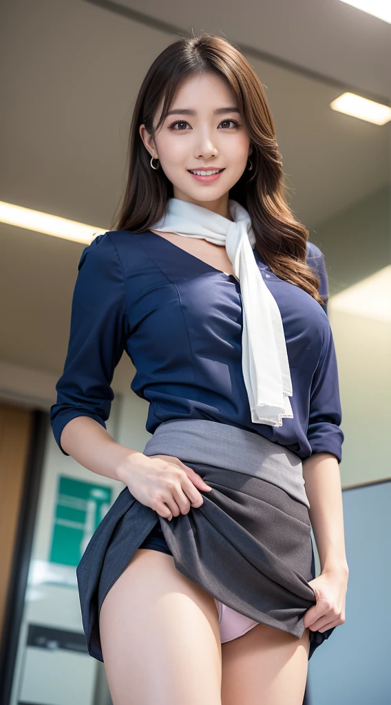 (8K, best quality, masterpiece:1.2), (realistic, photo-realistic:1.37), (high color saturation:1.0), (highly detailed skin), (highest quality:1.0), (ultra high resolution:1.0) ,(realistic:1.0), (Super detailed:1.0), (8K, Raw photo:1.1)、standing random pose, smiling, natural breast, perfect lighting, 22years old, (mysterious), clear and detailed, ((japaniese_office_uniform, flared skirt, sexy_blouse, flight attendant_neck scarf)), (indoor office, escalator), surprised face, ((looking at back viewer)), ((low angle photo)), (the sexy_shorts are showing under her skirt), inverted nipples,