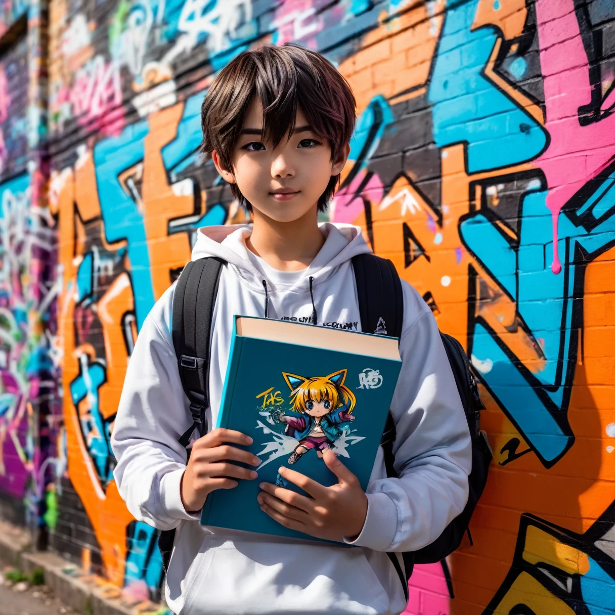 Graffiti style anime style,school ???, holding a book . Street art, vibrant, urban, detailed, tag, mural, high quality photography, 3 point lighting, flash with softbox, 4k, Canon EOS R3, hdr, smooth, sharp focus, high resolution, award winning photo, 80mm, f2.8, bokeh