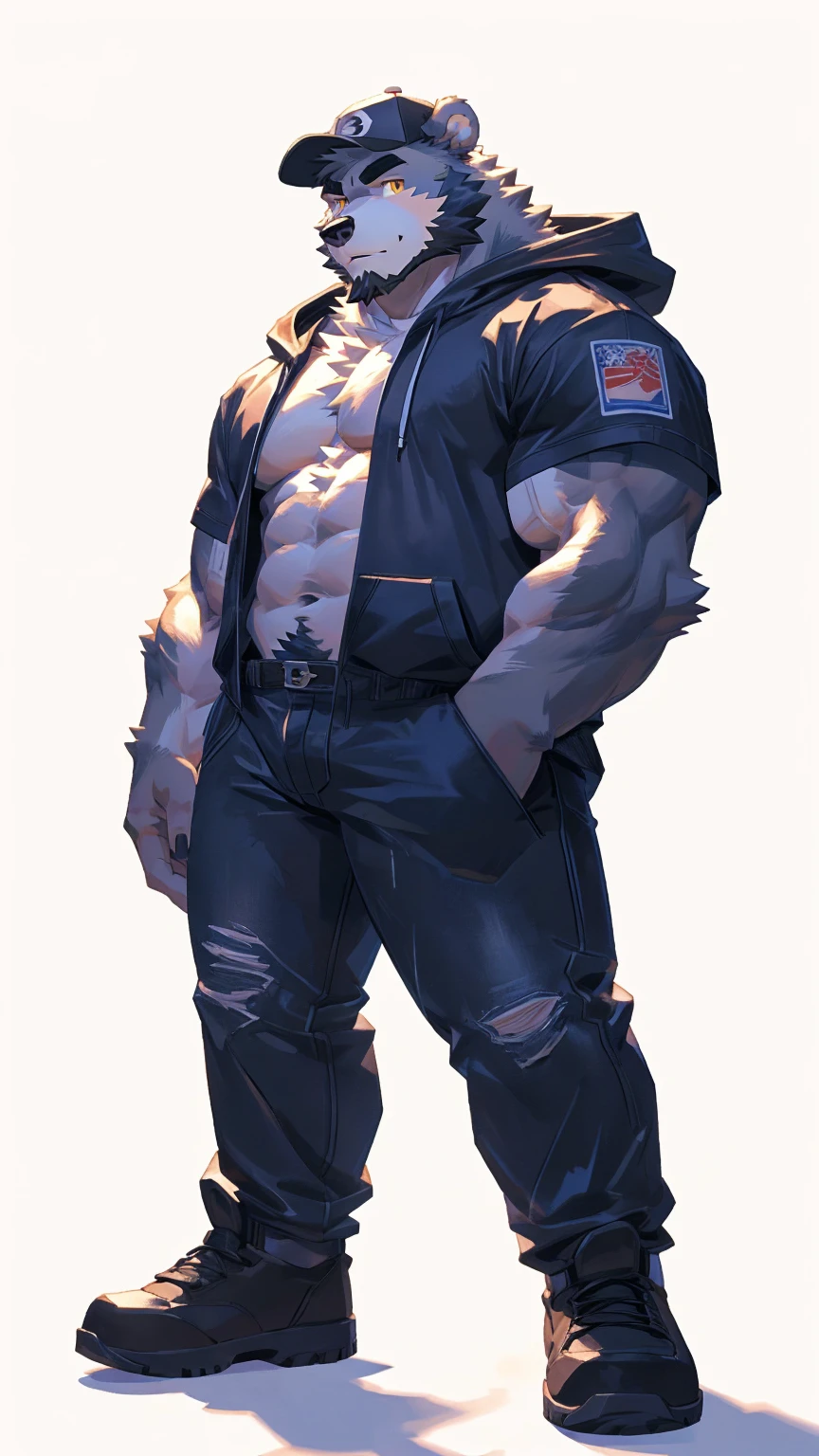 (masterpiece:1.2), best quality,pixiv,official art,perfect anatomy, (Ray tracing, light),solo, (1_male:1.3) , (muscle), (grey fur:1.4), (muscle bear), (beard:1.2), (gleaming golden eyes), bear tail, full body, Thick black eyebrows, baseball cap, (open short hoodie), (naked inside),Ripped short jeans, black short boots, (pure white background: 1.3)