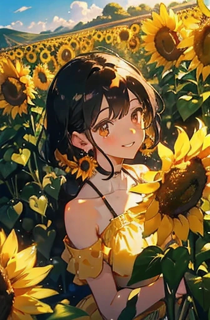 Young woman in a sunflower field、She has black hair、Her hair is loosely curled and hangs down the side of her face.。Has large, bright brown eyes、The eyelashes are long。She has a kind and friendly smile。Skin has a bright and healthy tone、She has small hoop earrings on her ears。Wearing a yellow dress、A cool design that shows off your shoulders。The background is filled with lots of sunflowers.、A large sunflower is also placed in the foreground.。The main colors are warm and bright yellow and green.、Please make the picture evoke the freshness of summer.。