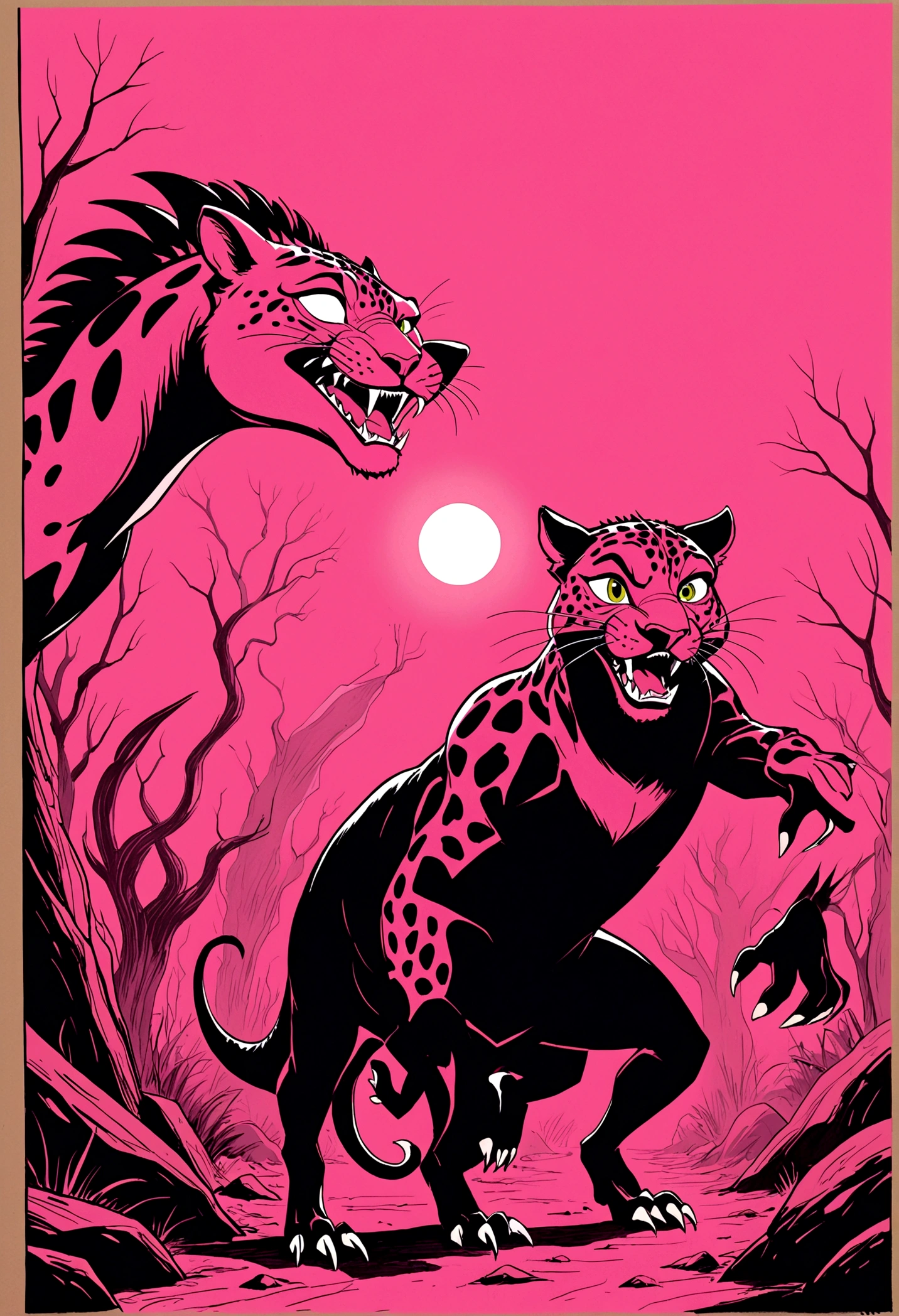Pink dinosaur, shades of pink, light to dark pink spectrum (pink panther homage) hand drawn 1960s animated, cinematic action shot, silly, campy film hyperrealism hand drawn rotoscope, dark digital art style subtle american animation influence (sean gordon murphy, joelle jones) minimalism, abstract flourishes, wearing intense ultra violet technicolor roygbiv light across face, rich color grading. candid pencil ink comic splash page, expressive hand drawn, prano bailey-bond lighting, unsettling. surreal, flat, illustration, splash page