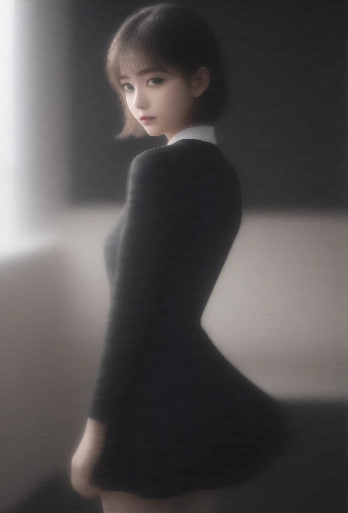 8K, Ultra-high resolution, Highest quality, masterpiece, Rule of thirds photograph,surreal, photograph, 1 girl, (:1.3), pretty girl, Cute face, Beautiful eyes in every detail, Detailed,masterpiece,, One Girl:1.2, Japan Female Announcer,Young Wife,Urban area,whole body, Beautiful Face, (Skin with attention to detail:1.2), wearing black formal blazer,Black high heels、Black Pencil Skirt、Short Bob,Looking at the audience、beauty,Long neck、Laugh a little、Please close your mouth and laugh、(((Ideal body type))),A-cup small breasts :2,、Portraiture:2、Perfect Anatomy、Vividly detailed、detailed、surreal、Light and shadow,Strong light